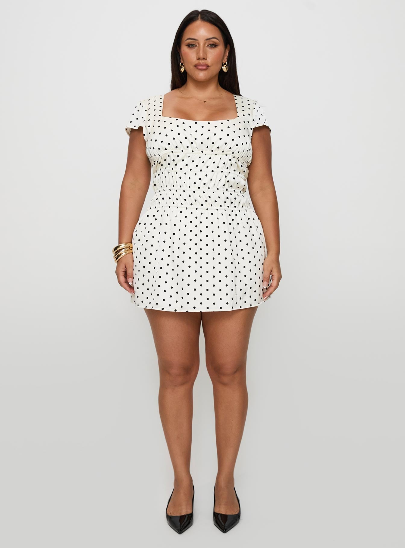 Evangelie Ruched Mini Dress White Polka Curve - Image 7