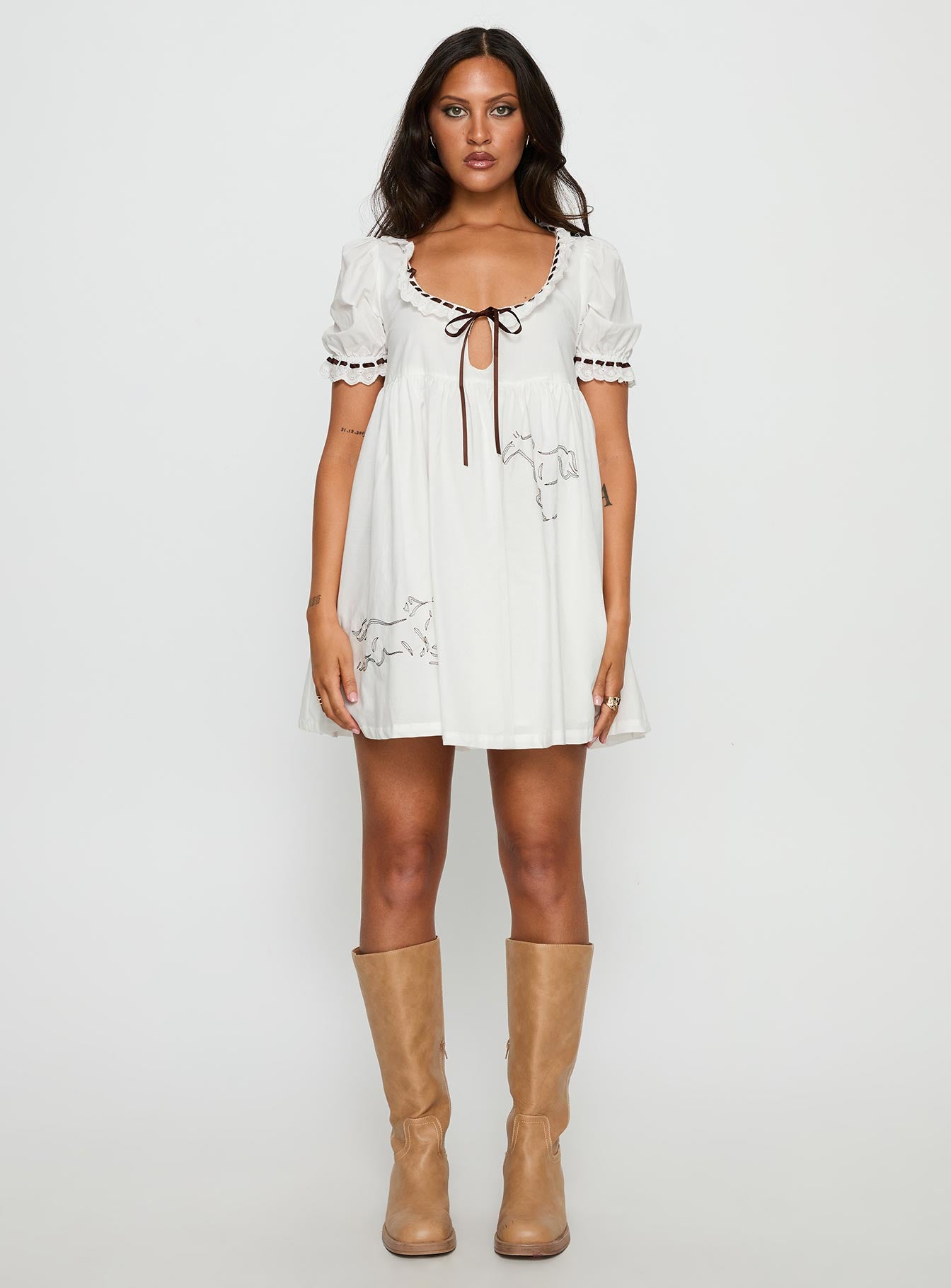 Cloudy Babydoll Contrast Trim Mini Dress White - Image 8