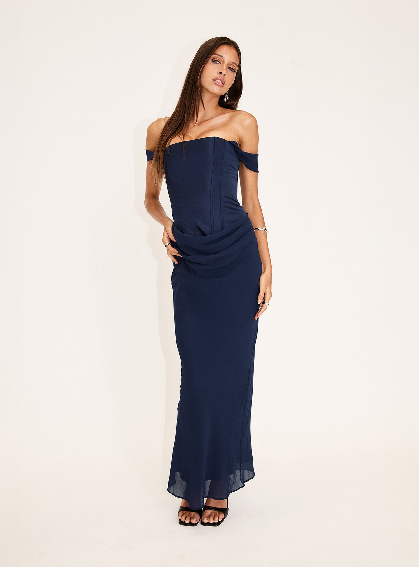 Joslyne Off Shoulder Corset Maxi Dress Navy - Image 8