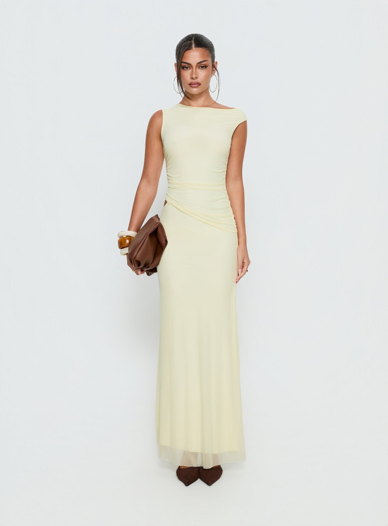 Krystyna Off Shoulder Ruched Mesh Maxi Dress Butter - Image 8
