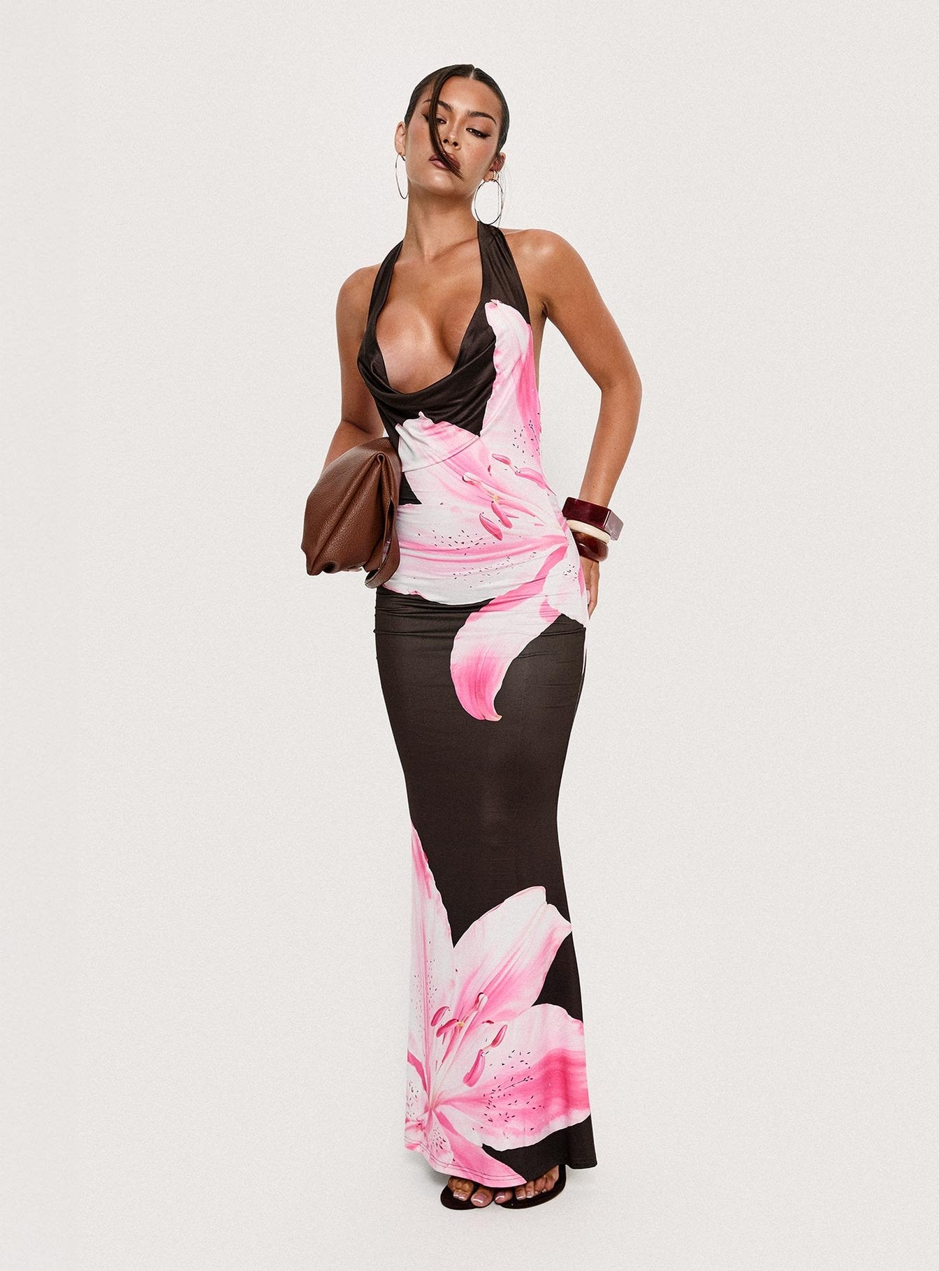 Kanara Halter Plunge Maxi Dress Chocolate / Pink Floral - Image 8