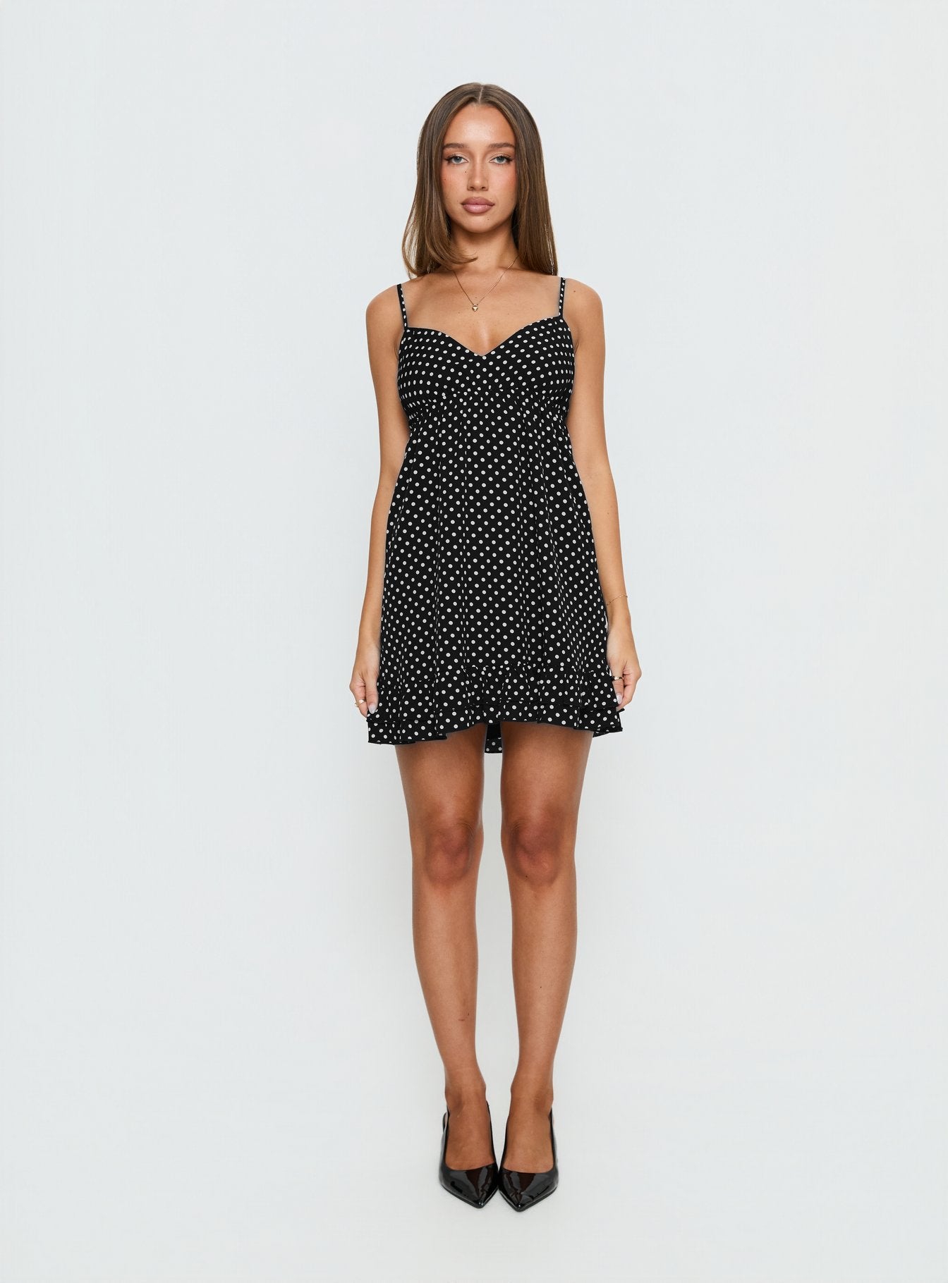 Casee V Neck Frill Mini Dress Black Polka Dot - Image 8