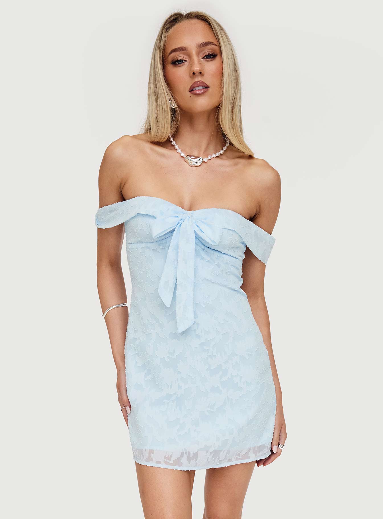 Christiana Off Shoulder Mini Dress Light Blue Burnout - Image 8