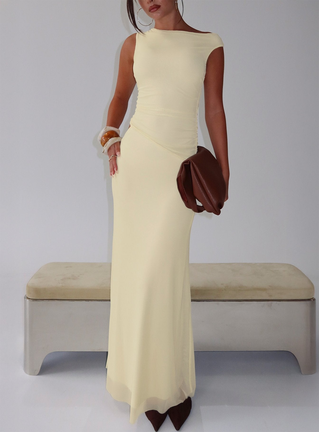 Krystyna Off Shoulder Ruched Mesh Maxi Dress Butter - Image 9