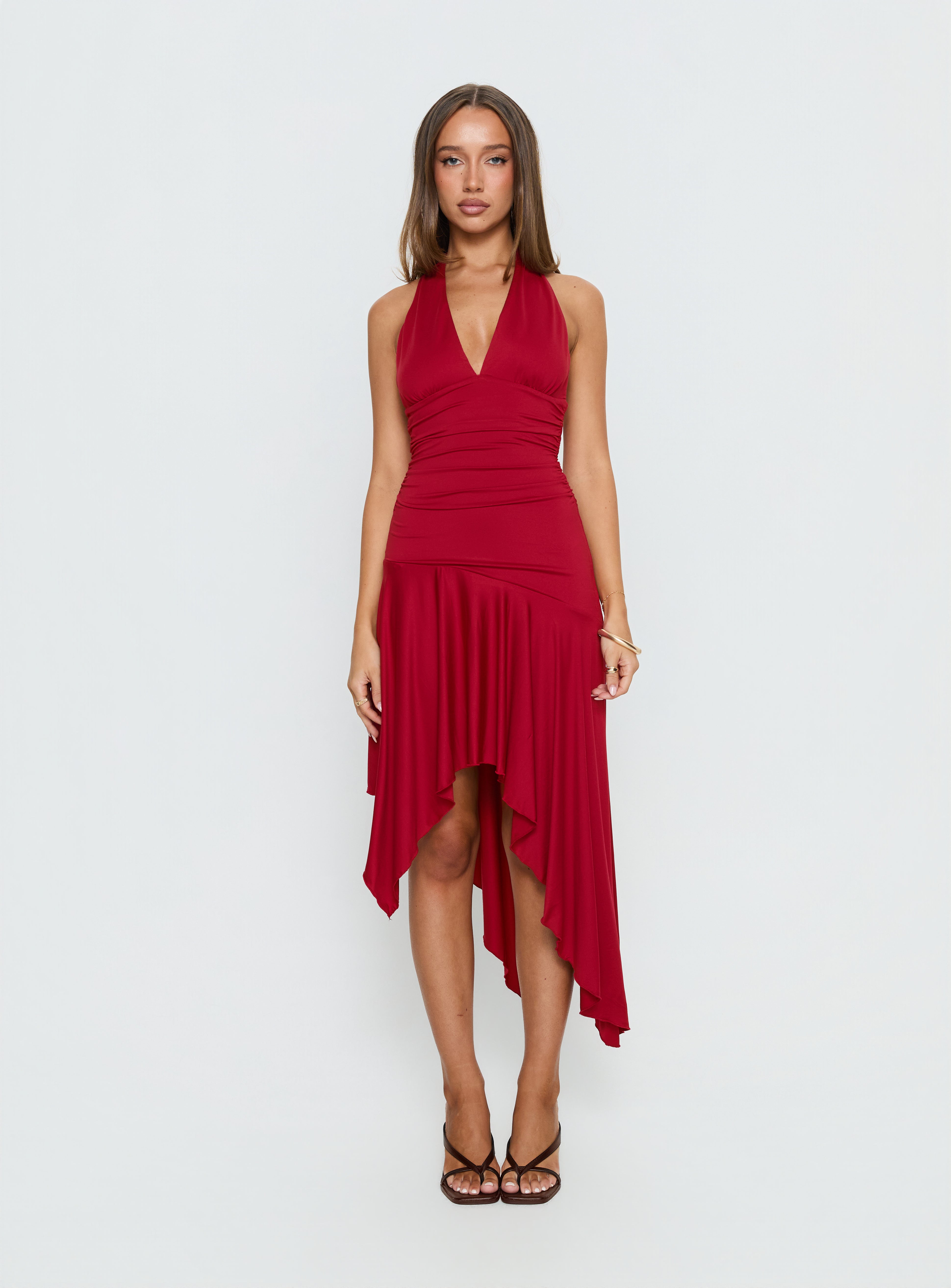 Emara Halter Asymmetrical Midi Dress Red - Image 9