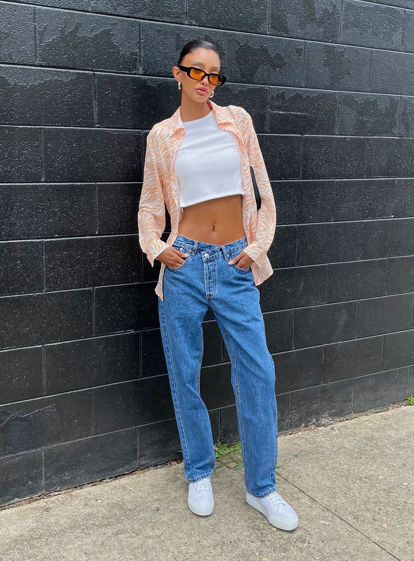 Alternative view of Holly Asymmetric Straight Leg Jean Mid Wash Denim